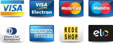 Cartões aceitos: Visa, Visa Electron, Mastercard, Maestro, Diners, American Express, Redeshop e Elo