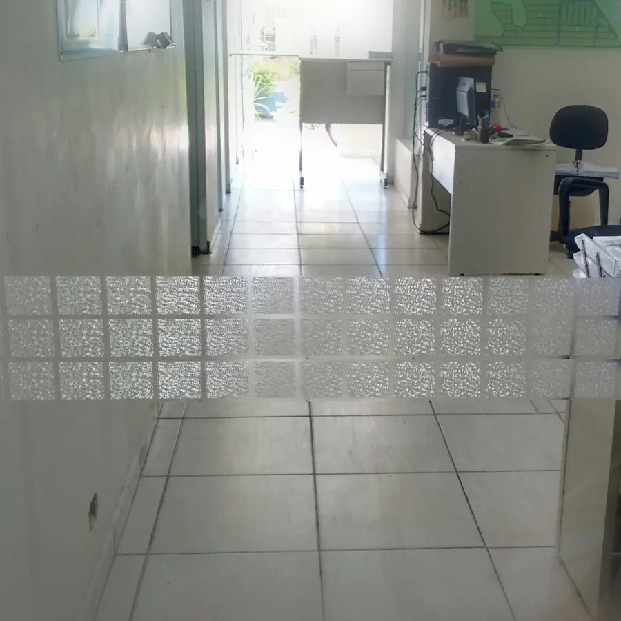 Divisória de vidro jateado com desenho geométrico
